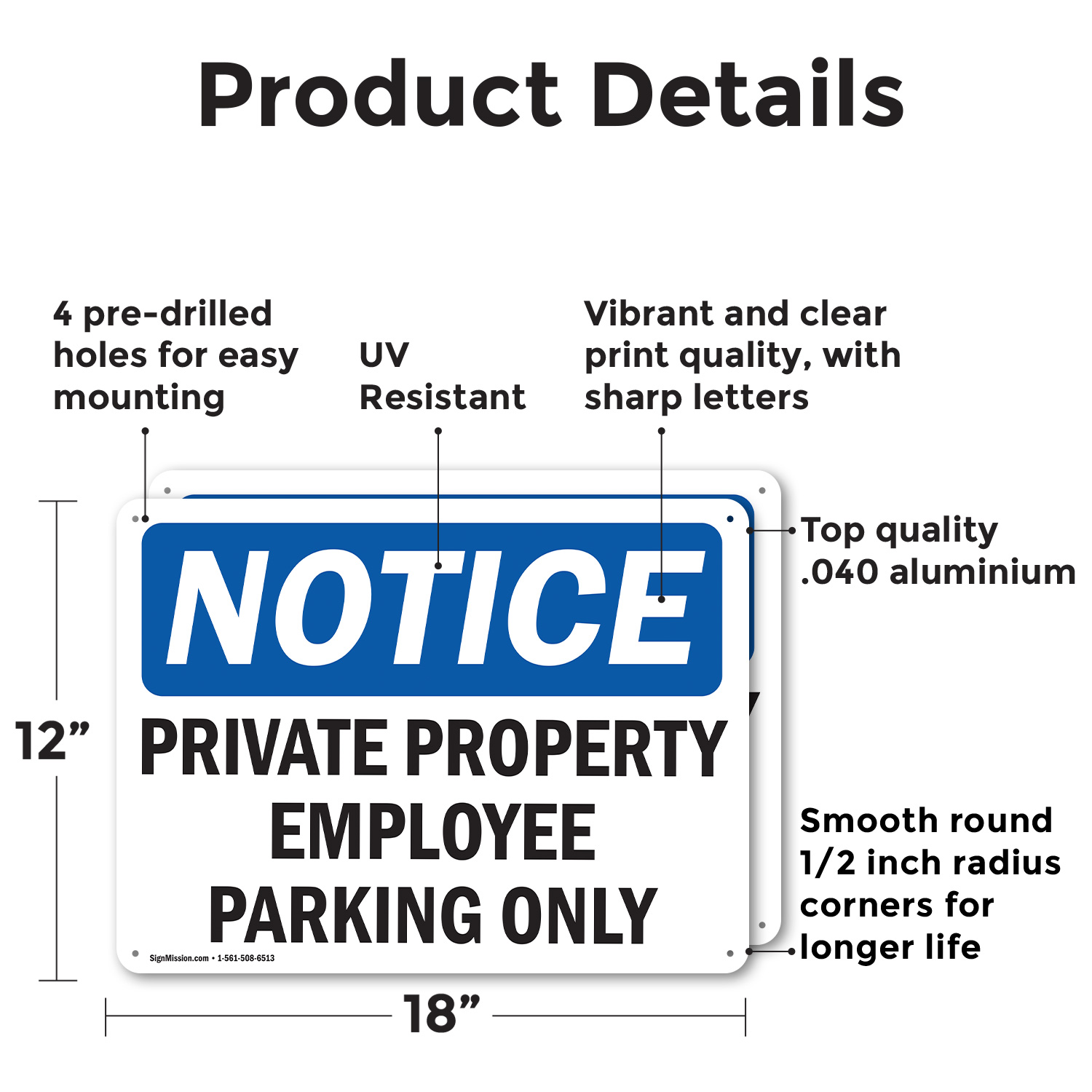 Signmission Private Property Employee Parking Only OSHA Notice Sign, Aluminum, 18in W x 12in L, 2PK OS-2PACK-NS-A-1218-L-17829 - alternate 6